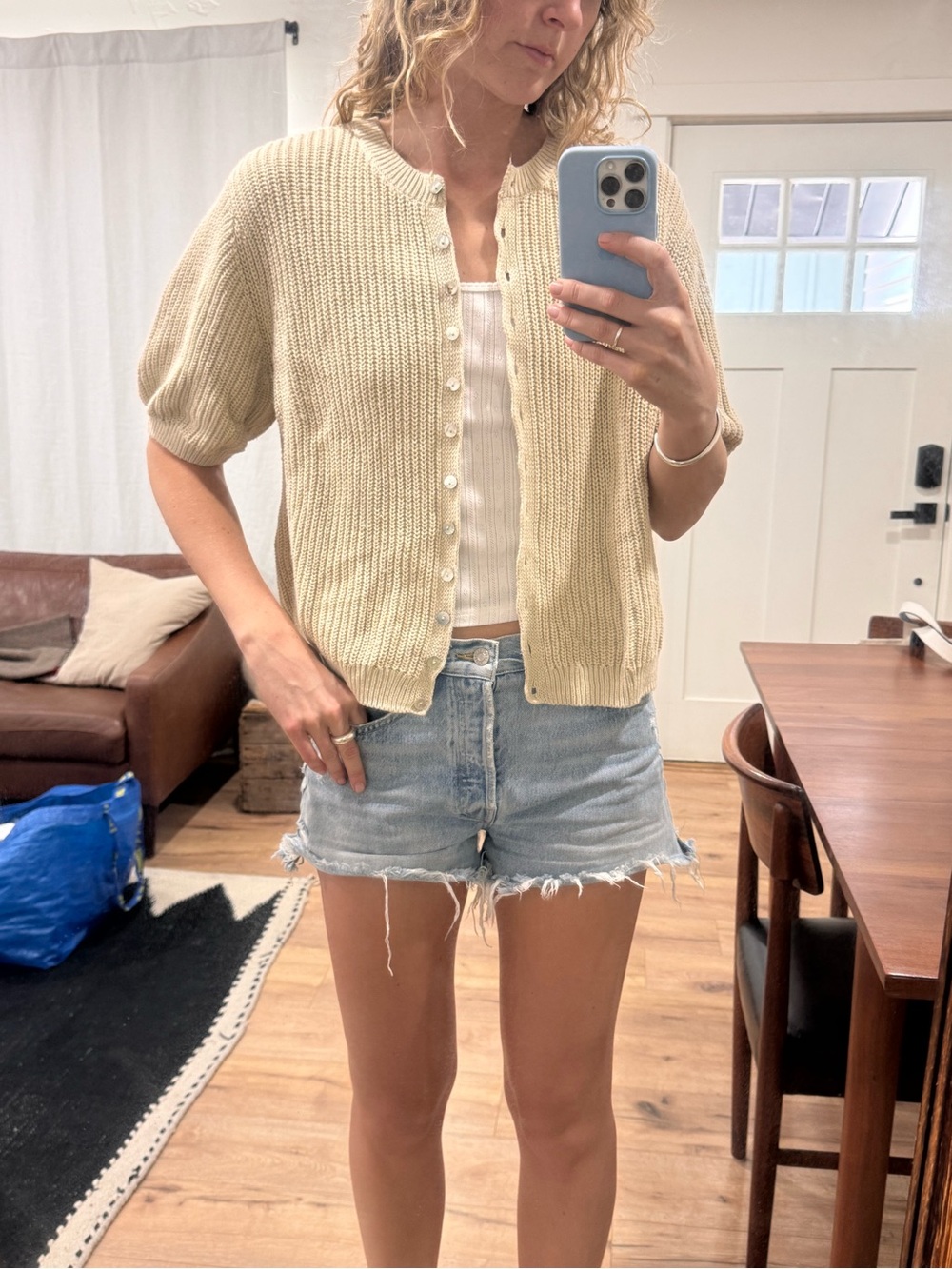 Cream Short-Sleeve Button-Up Knit Cardigan